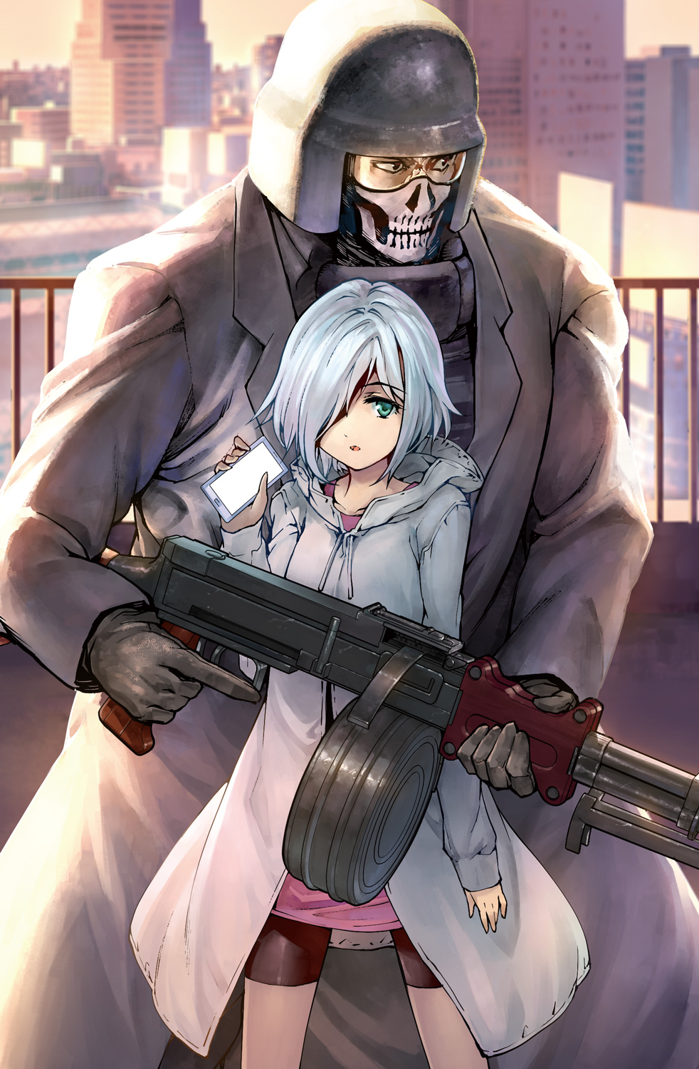 1boy, 1girl, bike_shorts, cellphone, darwin's_game, drum_magazine, gloves, green_eyes, gun, hair_over_one_eye, helmet, highres, machine_gun, maesaka_ryuuji, official_art, phone, rifle, rpd, short_hair, silver_hair, skull_mask, smartphone, sui_(darwin's_game), takahata_yuki, weapon