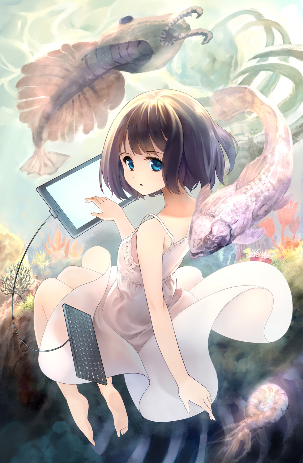 1girl, anomalocaris, bare_shoulders, barefoot, black_hair, blue_eyes, darwin's_game, drawing_tablet