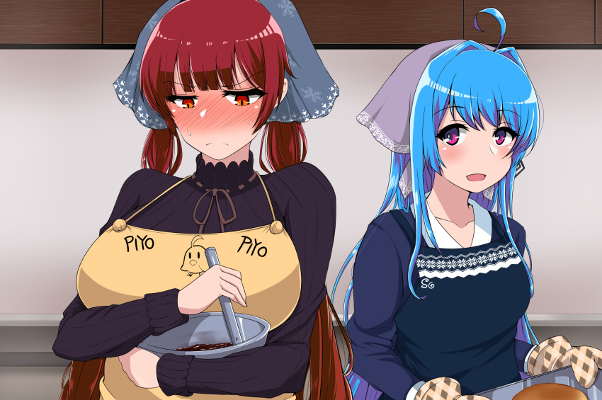 2girls, :d, ahoge, apron, azur_lane, bangs, black_sweater, blue_hair