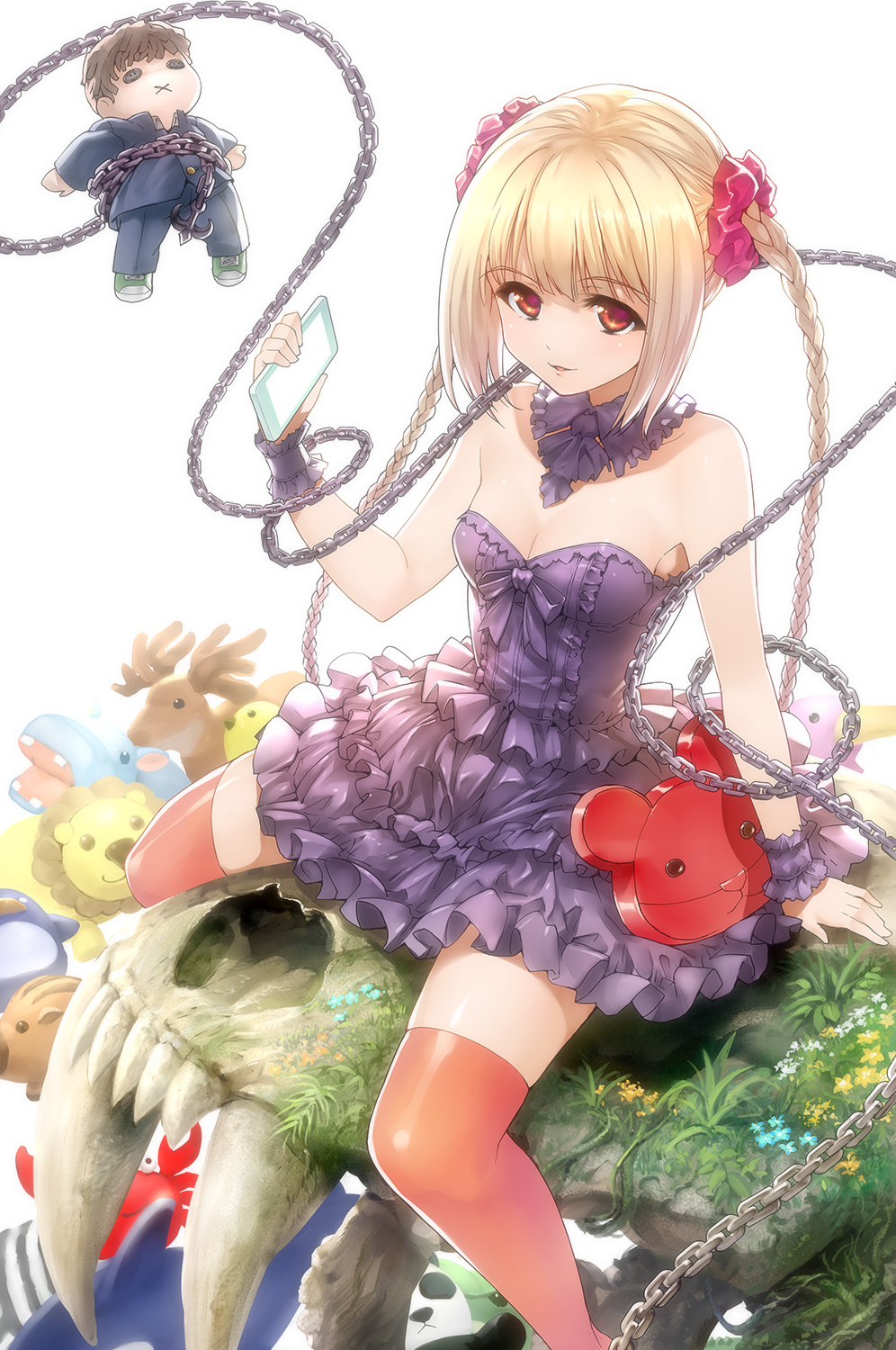 1girl, arm_support, bare_shoulders, blonde_hair, bow, braid, cellphone, chains