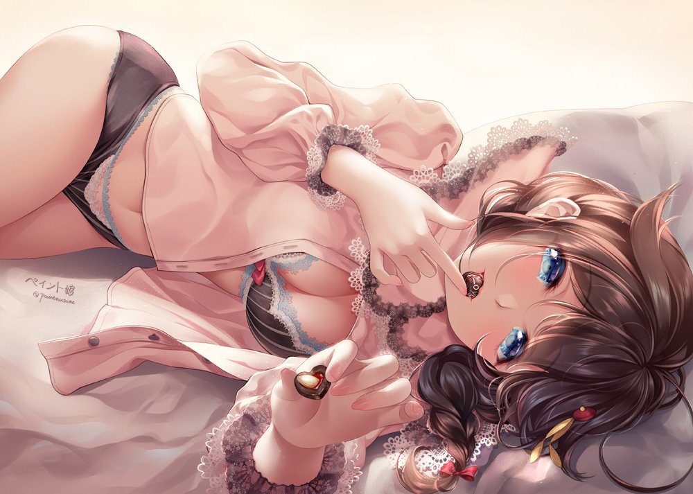 1girl, ahoge, bangs, black_bra, black_panties, blue_eyes, blush, bra