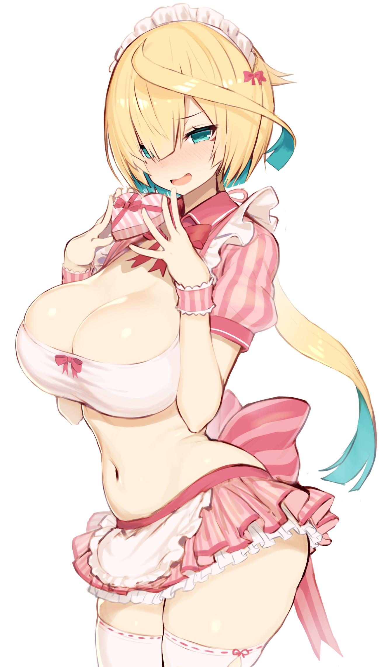 1girl, :d, apron, aqua_eyes, aqua_hair, blonde_hair, blush, bow