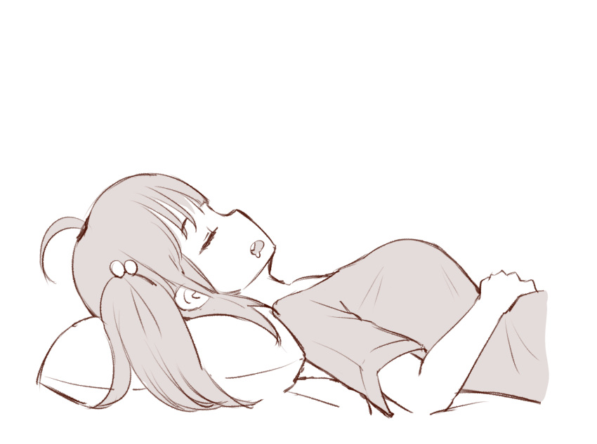 1girl, ahoge, bangs, breasts, ce-_-3, closed_eyes, drooling, eyebrows_visible_through_hair