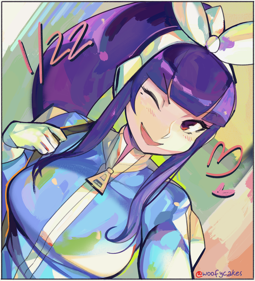 1girl, ;d, bangs, blue_revolver, blunt_bangs, blush, breasts, cosplay