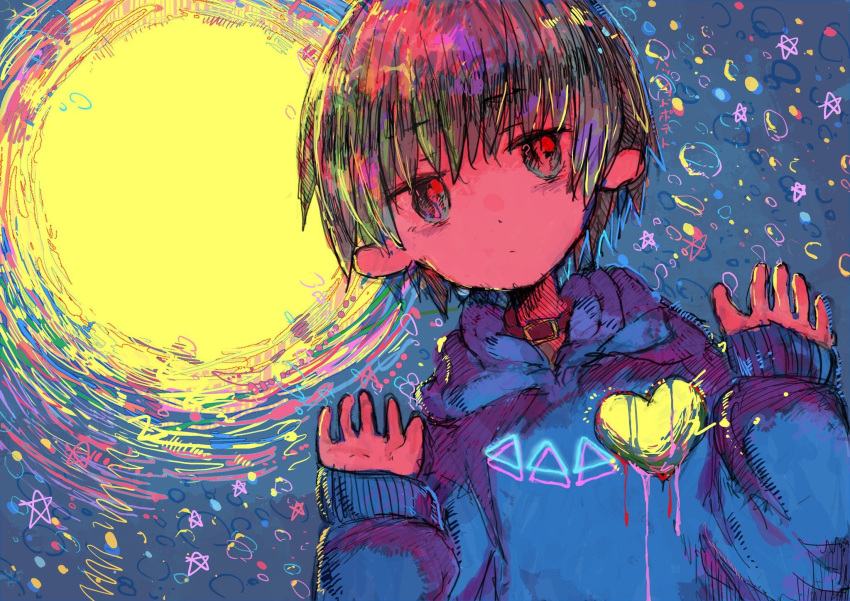 !, 1boy, 666haorare666, ?, abstract_background, backlighting, blue_hoodie, bubble