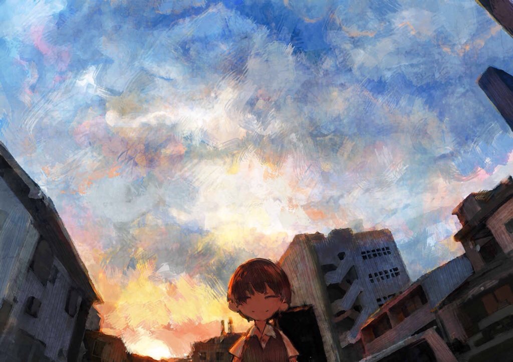 1boy, 666haorare666, brown_hair, building, closed_eyes, clouds, cloudy_sky, collared_shirt
