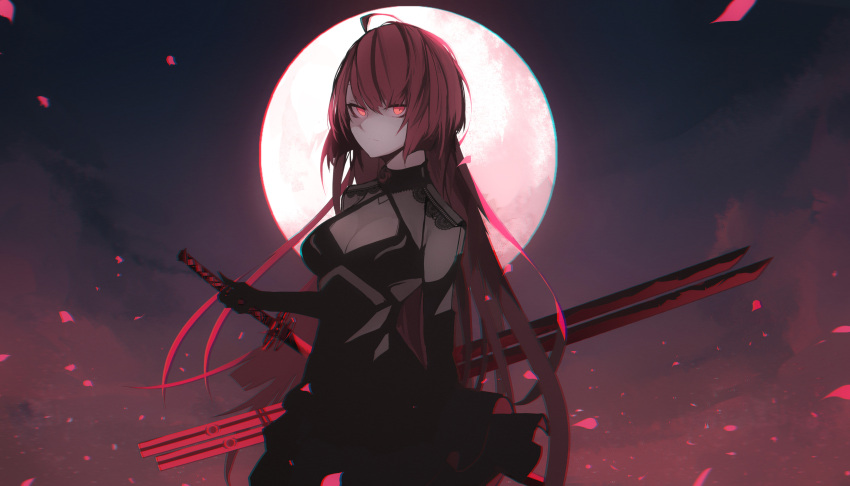 absurdres, ahoge, backlighting, bangs, black_dress, black_gloves, bloody_queen_(elsword), breasts