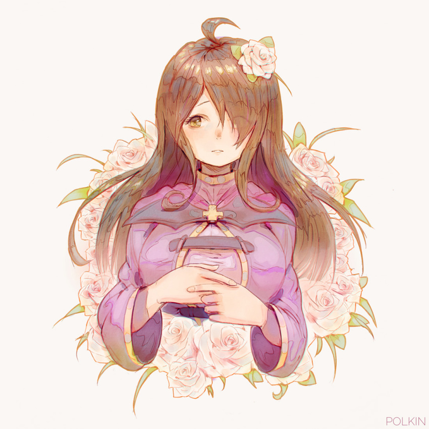 1girl, ahoge, brown_hair, commentary, flower, hair_flower, hair_ornament, hair_over_one_eye