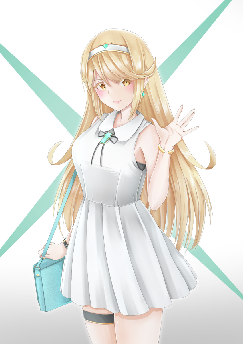 1girl, bangs, bare_shoulders, blonde_hair, blush, breasts, casual, dress