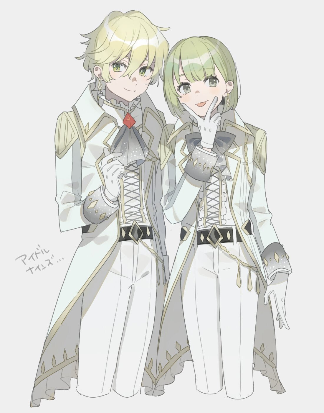 1boy, 1girl, :p, androgynous, blonde_hair, bow, cravat, cropped_legs