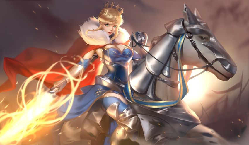1girl, absurdres, armor, armored_dress, artoria_pendragon_(all), artoria_pendragon_(lancer), banner, blue_gloves