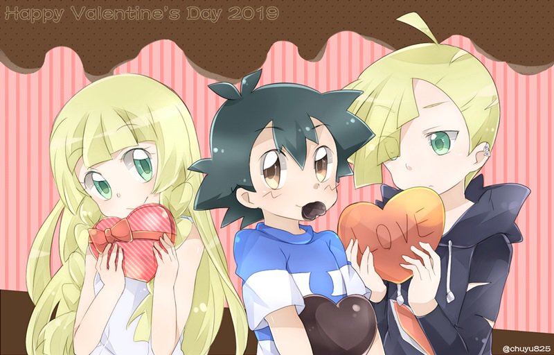 1girl, 2boys, black_hair, blonde_hair, box_of_chocolates, brown_eyes, creatures_(company), game_freak, gladio, gladio_(pokemon), green_eyes, lillie_(pokemon), miu_(chuyu825), multiple_boys, nintendo, pokemon, pokemon_(anime), pokemon_sm_(anime), satoshi_(pokemon), valentine