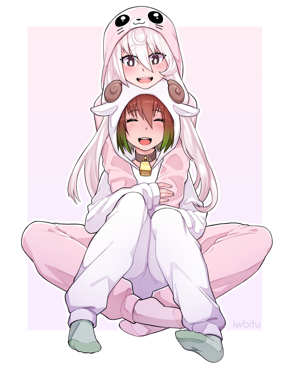 2girls, :d, ^_^, animal_hood, artist_name, bell, bell_collar, brown_eyes