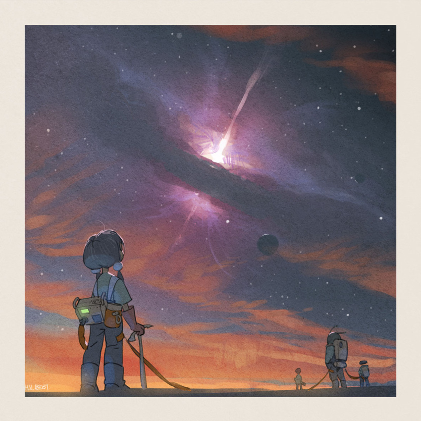 1boy, 2girls, ahoge, android, antennae, backpack, bag, black_hair