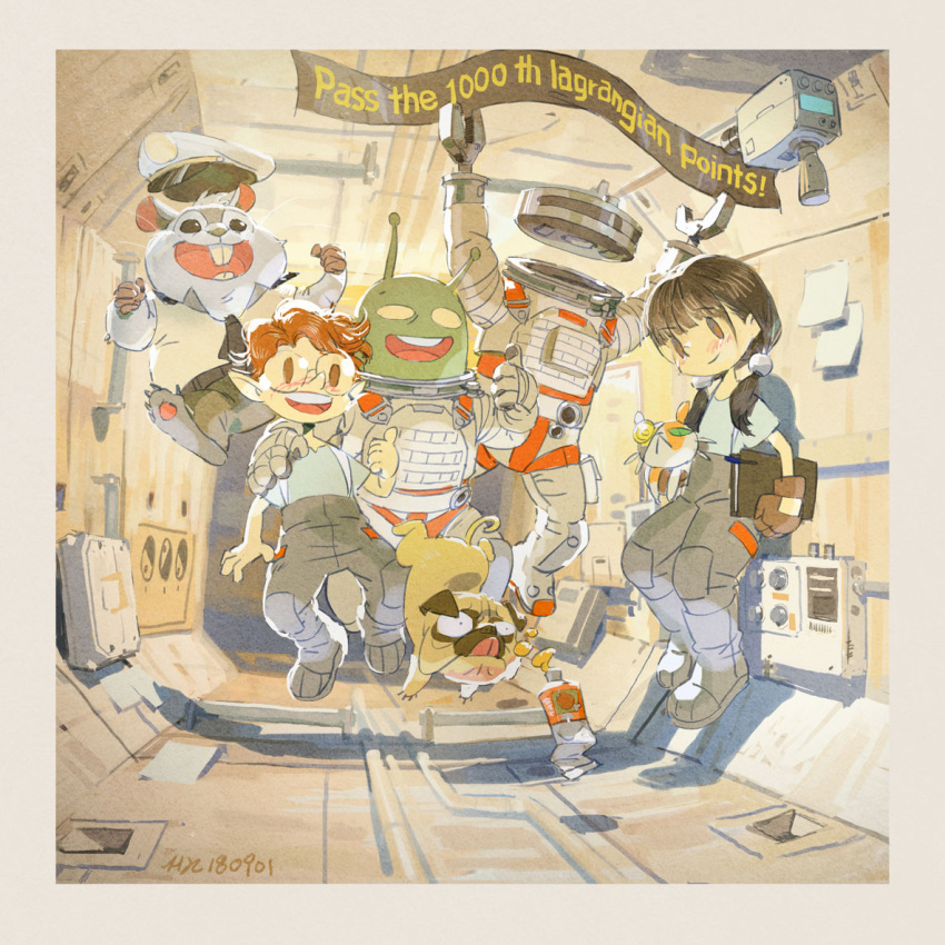 1boy, 1girl, alien, black_neckwear, bottle, brown_eyes, brown_gloves, brown_hair, calico, cat, chinese_commentary, closed_mouth, commentary_request, dogn, english_text, floating, full_body, glasses, gloves, grey_pants, hair_ornament, hat, hjl, light_blue_shirt, long_sleeves, looking_at_viewer, low_twintails, mecha, necktie, open_mouth, original, pants, peaked_cap, personification, pointy_ears, round_eyewear, round_teeth, shirt, short_sleeves, spacecraft_interior, spacesuit, teeth, thumbs_up, twintails, white_hat, zero_gravity