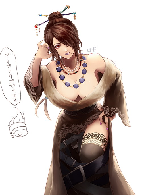 1girl, bare_shoulders, belt, black_belt, black_dress, black_legwear, breasts, brown_hair, cleavage, closed_mouth, collarbone, downblouse, dress, eyeshadow, final_fantasy, final_fantasy_x, fingernails, fur_trim, hair_ornament, hair_over_one_eye, hair_stick, hand_on_hip, hand_up, jewelry, large_breasts, lipstick, long_hair, long_sleeves, looking_at_viewer, lulu_(ff10), makeup, nail_polish, necklace, off-shoulder_dress, off_shoulder, purple_lipstick, purple_nails, red_eyes, sasanomesi, simple_background, smile, solo, thigh-highs, thighs, wakka, white_background, wide_sleeves