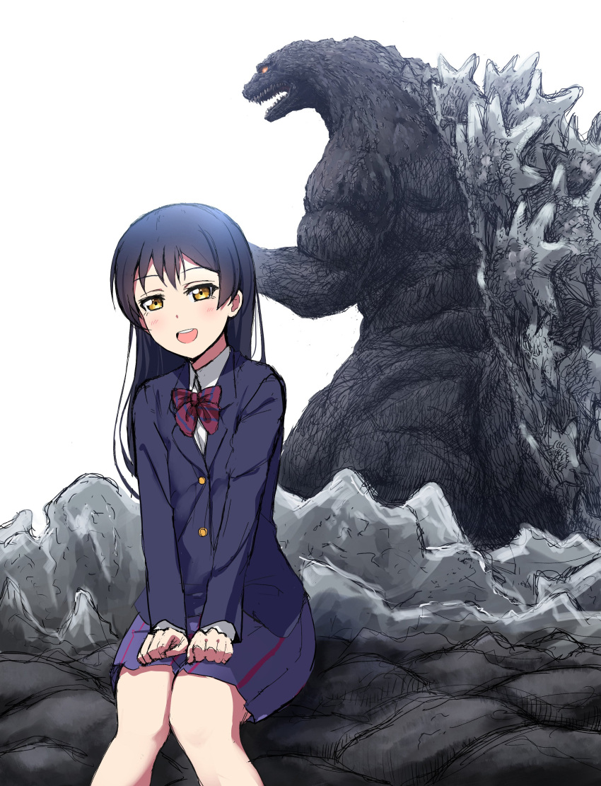 1girl, absurdres, bangs, blazer, blue_hair, blush, bow, bowtie