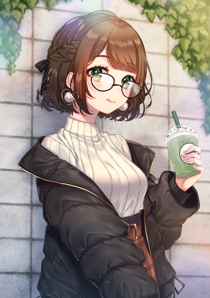 1girl, :q, against_wall, bangs, belt, black-framed_eyewear, black_coat, black_ribbon