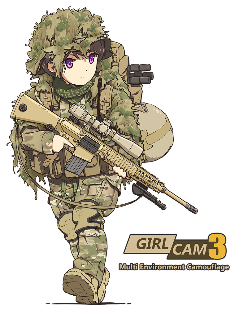 1girl, backpack, bag, bangs, black_hair, body_armor, boots, brown_footwear