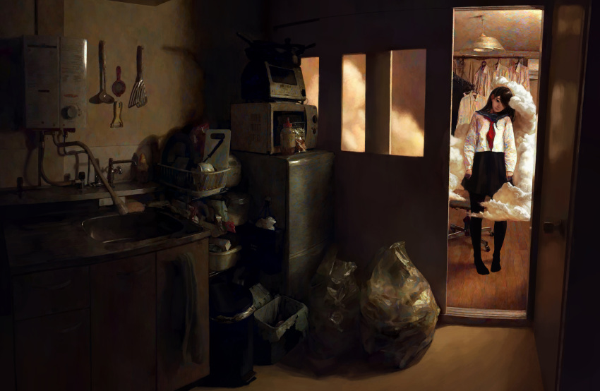 1girl, arms_at_sides, black_hair, black_sailor_collar, chair, clothes_hanger, clouds, commentary_request, doorway, hair_over_one_eye, head_tilt, highres, hironoshousei, long_hair, long_sleeves, looking_at_viewer, neckerchief, open_door, original, red_neckwear, sailor_collar, shirt, solo, standing, surreal, trash_bag, white_shirt, wide_shot