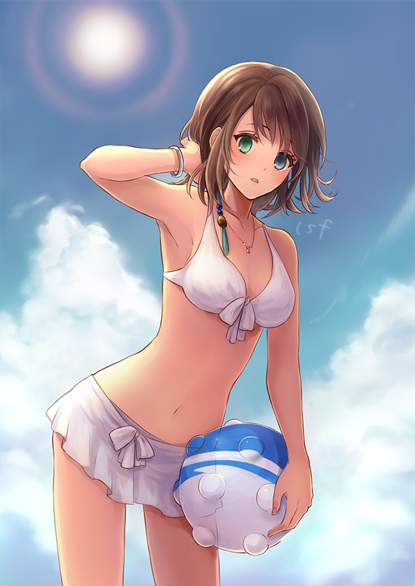 1girl, alternate_costume, ball, bangs, bare_arms, bare_shoulders, beachball, bikini