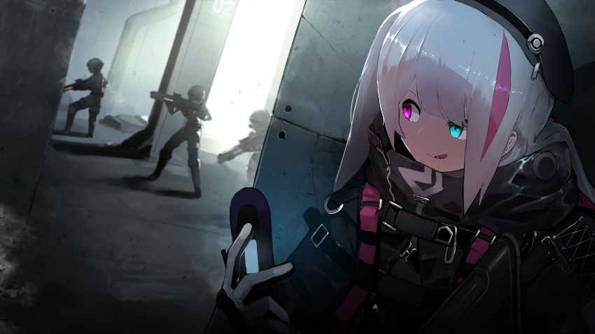 4girls, antennae, bangs, beret, black_gloves, black_hat, blue_eyes, bullet_hole