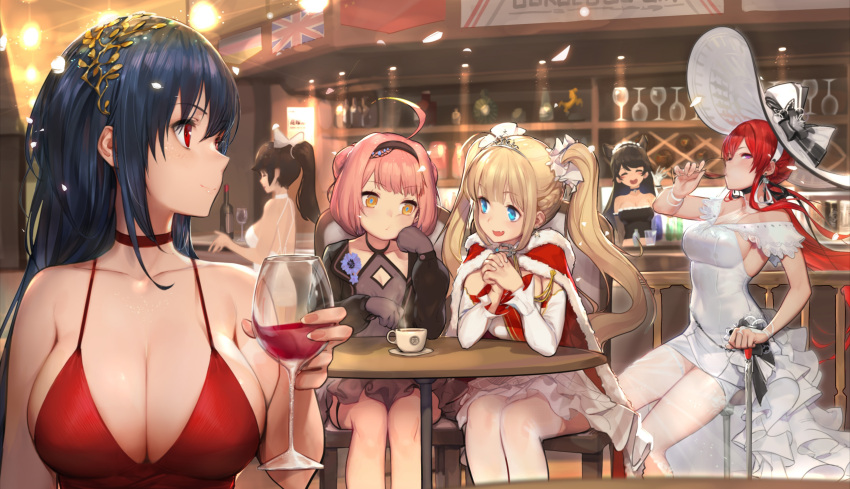 6+girls, absurdres, ahoge, alcohol, amazon_(azur_lane), animal_ears, atago_(azur_lane), azur_lane, bangs, bare_legs, bare_shoulders, black_dress, black_gloves, black_hair, blonde_hair, blue_eyes, blush, bonet, bow, breasts, bridal_gauntlets, choker, cleavage, closed_eyes, closed_mouth, cocktail_dress, cup, detexted, dress, drinking, drinking_glass, earrings, eyebrows_visible_through_hair, fang, gloves, gorgeous_mushroom, hair_between_eyes, hair_flaps, hair_ornament, hair_ribbon, halter_top, halterneck, hat, hat_bow, headband, highres, jewelry, large_breasts, long_hair, looking_at_viewer, low_ponytail, maid_headdress, monarch_(azur_lane), multiple_girls, official_art, open_mouth, pink_hair, ponytail, red_choker, red_dress, red_eyes, redhead, ribbon, sidelocks, sitting, smile, star, star_earrings, sun_hat, taihou_(azur_lane), taihou_(forbidden_feast)_(azur_lane), takao_(azur_lane), thigh-highs, thighlet, third-party_edit, twintails, u-81_(azur_lane), white_bow, white_dress, white_legwear, wine, wine_glass, yellow_eyes