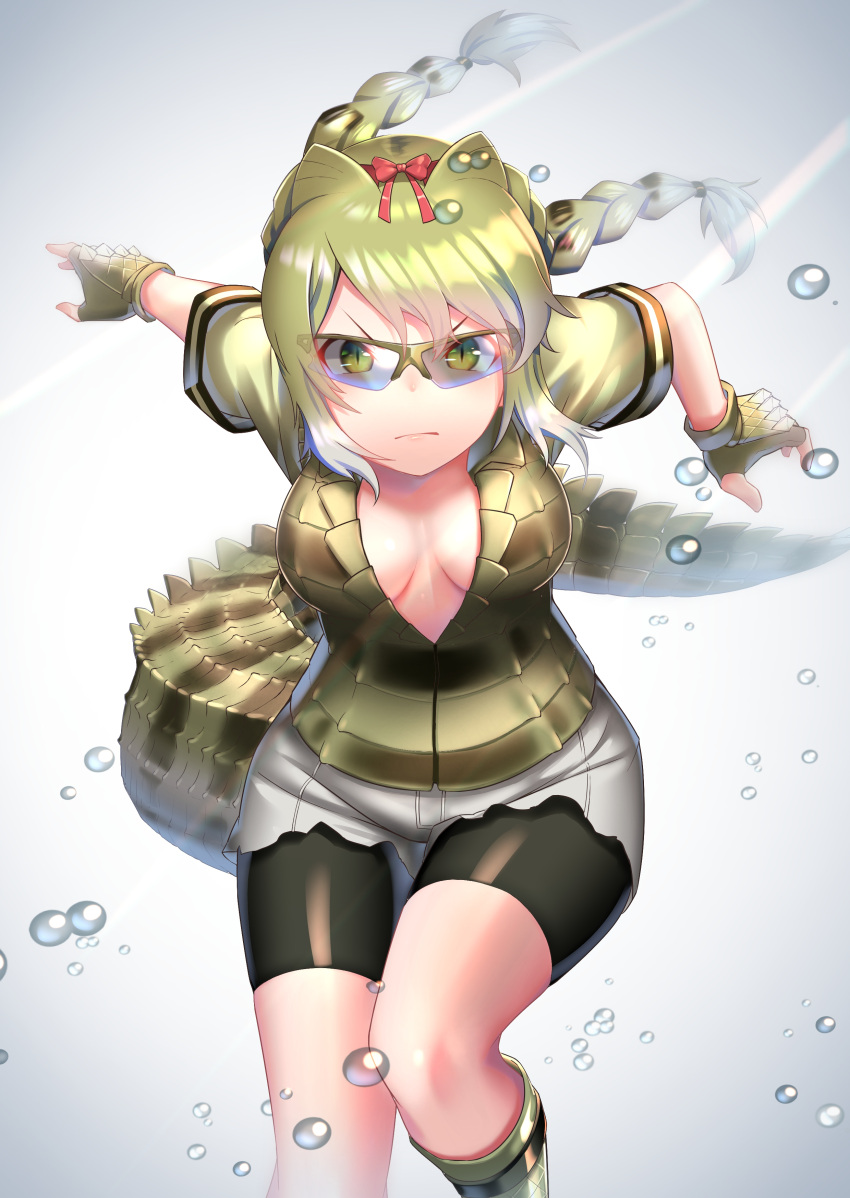 absurdres, alternate_eyewear, boots, braided_ponytail, breasts, cleavage, crocodile_print, crocodile_tail