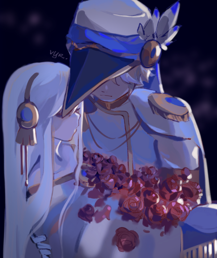 aria_(maplestory), black_background, blonde_hair, cape, closed_eyes, couple, covered_eyes, flower