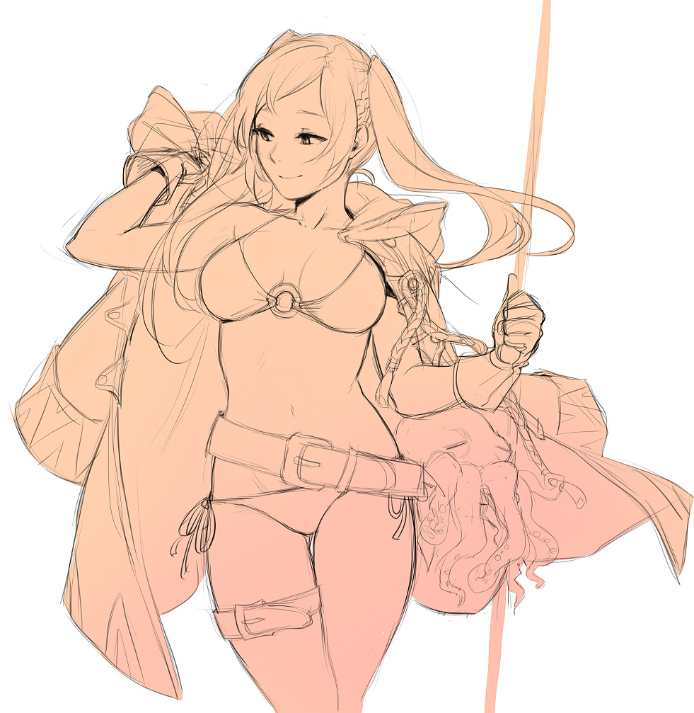 1girl, arm_up, ass_visible_through_thighs, belt, bikini, breasts, cowboy_shot, female_my_unit_(fire_emblem:_kakusei), fire_emblem, fire_emblem:_kakusei, gloves, jacket_on_shoulders, large_breasts, long_hair, looking_away, maiqtells, monochrome, my_unit_(fire_emblem:_kakusei), navel, nintendo, o-ring, o-ring_bikini, o-ring_top, octopus, polearm, side-tie_bikini, simple_background, sketch, smile, solo, swimsuit, thigh_gap, thigh_strap, twintails, weapon, white_background