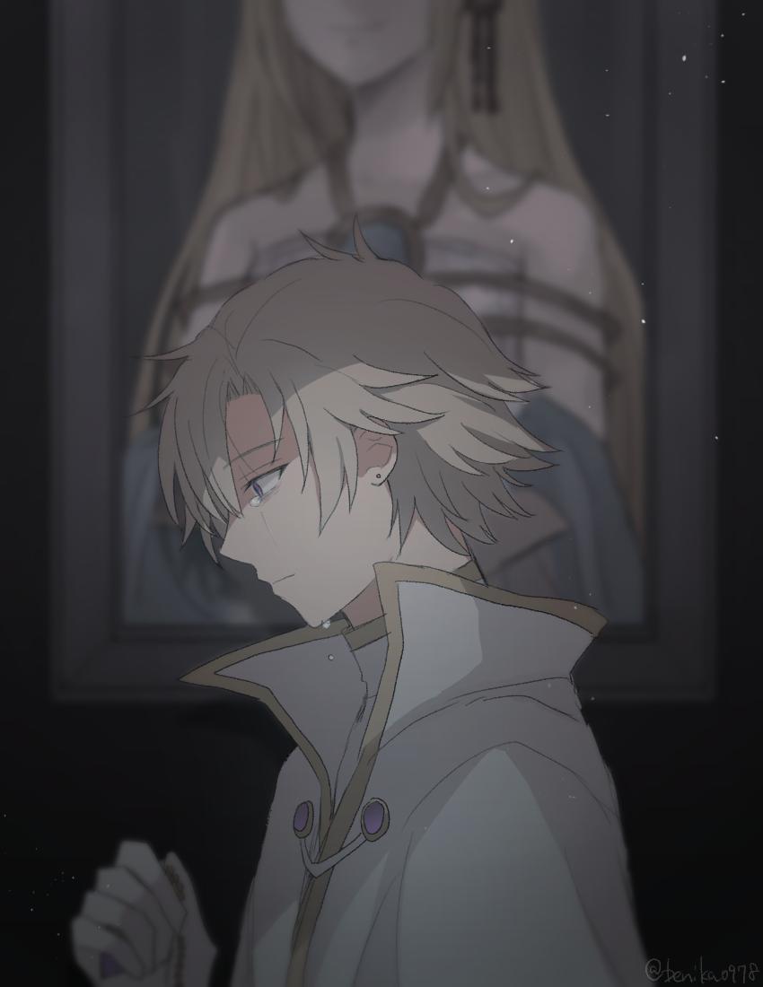 1boy, 1girl, aria_(maplestory), benika, blonde_hair, blue_eyes, cape, crying