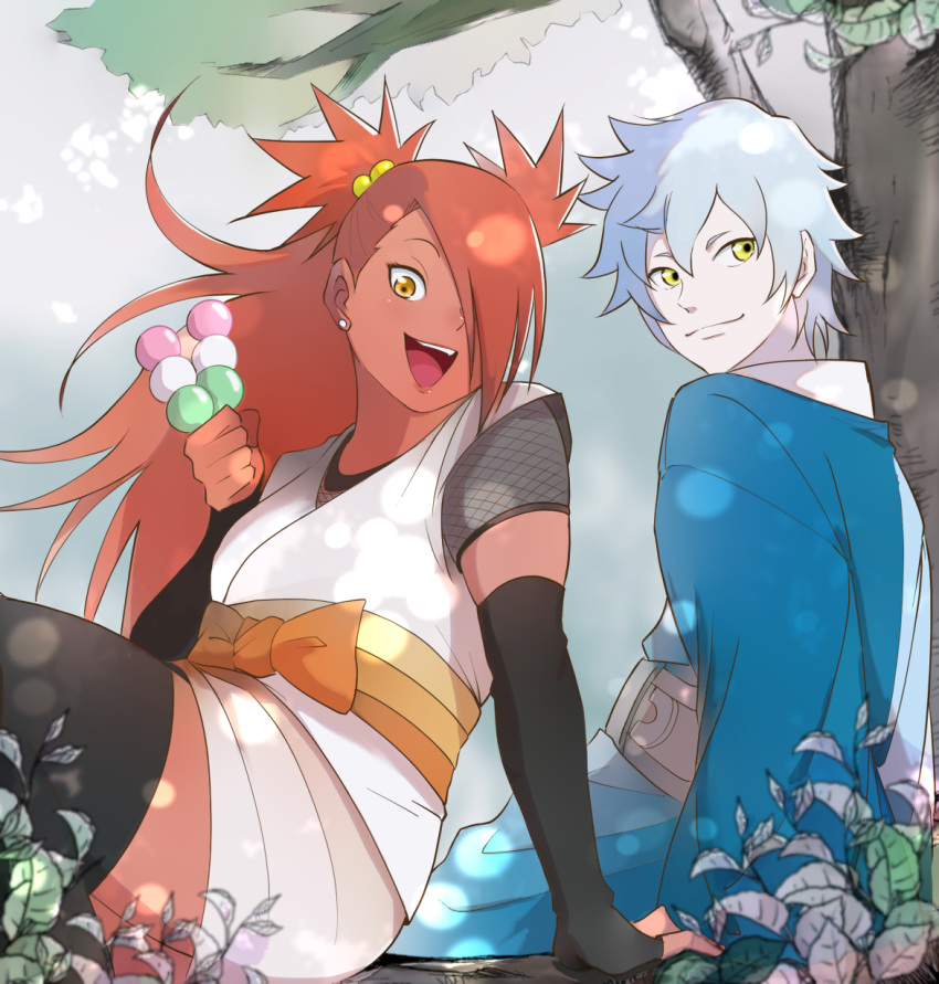 1boy, 1girl, akimichi_chouchou, black_legwear, boruto:_naruto_next_generations, brown_hair, dango, dark_skin