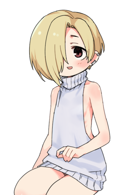 1girl, arm_at_side, blonde_hair, blush, brown_eyes, ear_piercing, flat_chest, grey_sweater