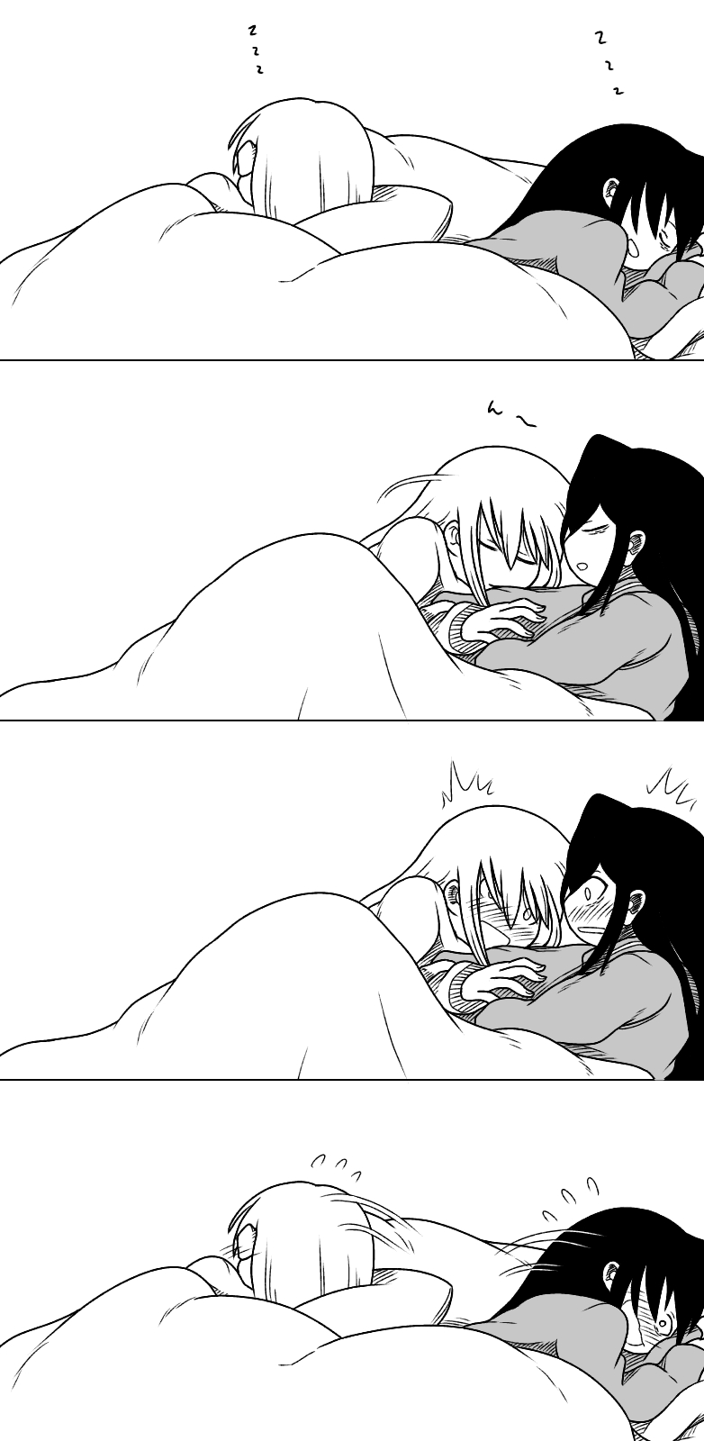 2girls, bangs, blanket, closed_eyes, comic, cuddling, embarrassed, flustered