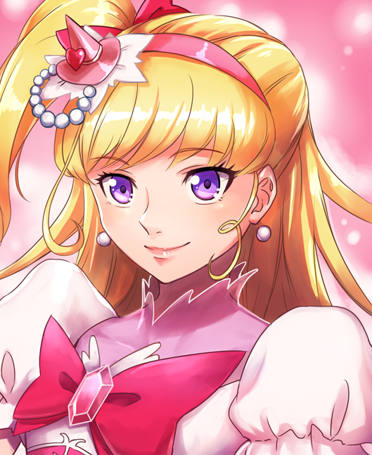 1girl, asahina_mirai, blonde_hair, bow, bowtie, cure_miracle, earrings, eyebrows_visible_through_hair