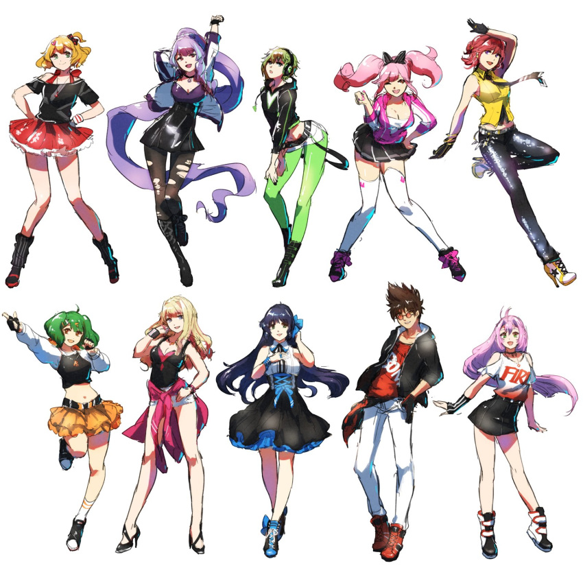 1boy, 6+girls, :d, ;d, absurdly_long_hair, arm_up, black_bow, black_footwear
