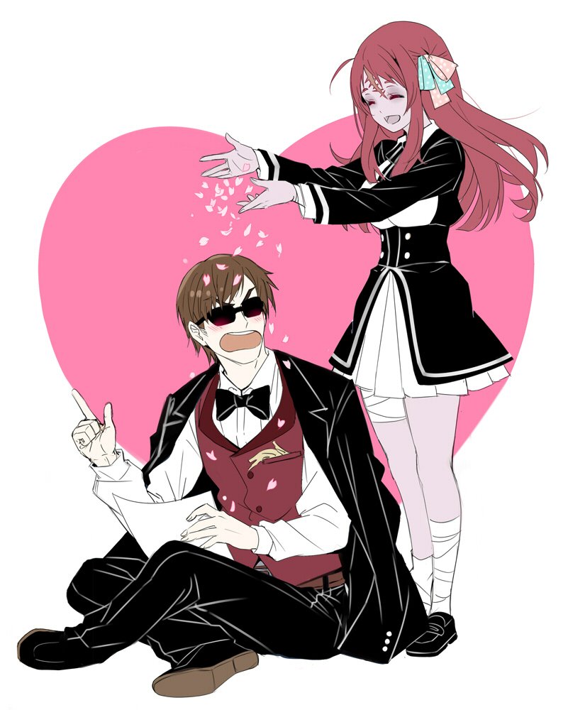 1boy, 1girl, bandage, blush, bow, bowtie, breasts, brown_hair