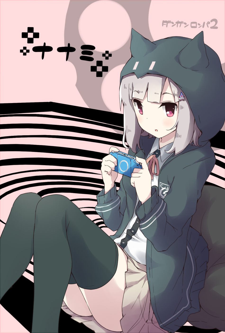 1girl, animal_ears, beige_skirt, black_hoodie, black_legwear, black_pillow, blush, breasts