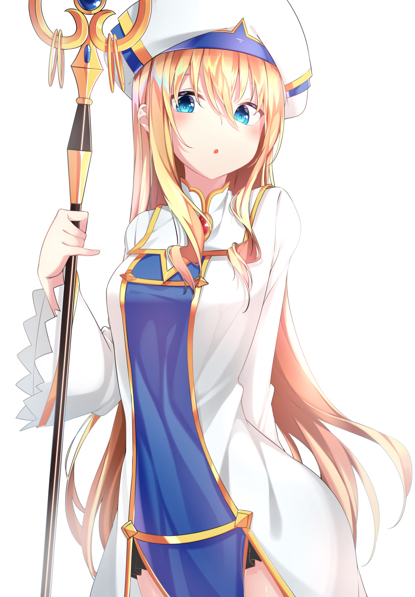 1girl, :o, absurdres, arm_behind_back, bangs, blonde_hair, blue_eyes, blush, breasts, commentary_request, cowboy_shot, dress, goblin_slayer!, hair_between_eyes, hat, highres, holding, holding_weapon, lira, long_hair, long_sleeves, looking_at_viewer, multicolored, multicolored_clothes, multicolored_hat, priestess_(goblin_slayer!), small_breasts, solo, staff, weapon, wide_sleeves