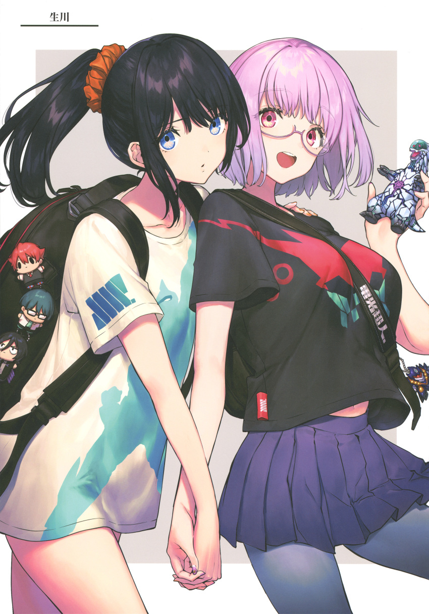 2girls, :d, absurdres, alternate_hairstyle, backpack, bag, bag_charm, black_shirt