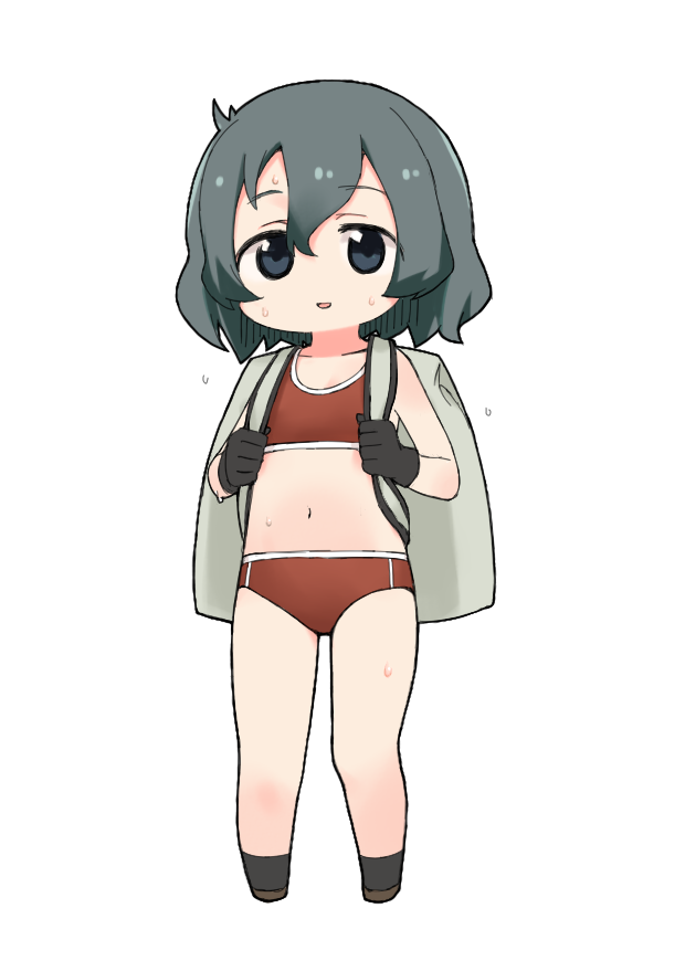 1girl, backpack, bag, bangs, burama, buruma, flat_chest, flying_sweatdrops, full_body, grey_hair, greyscale, hair_between_eyes, kaban_(kemono_friends), kemono_friends, monochrome, moru_(monaka), navel, red_buruma, red_sports_bra, short_hair, simple_background, solo, sports_bra, sweat, sweatdrop, white_background