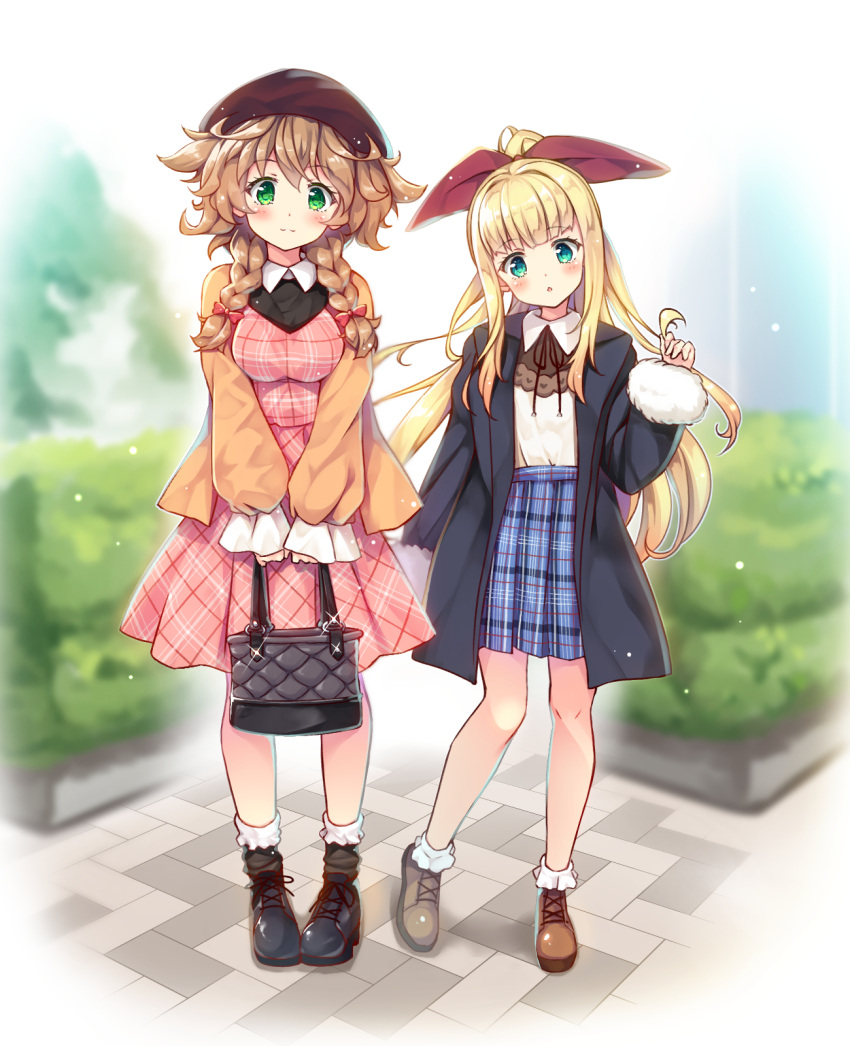 2girls, alternate_costume, bag, bangs, black_coat, black_footwear, blonde_hair, blush