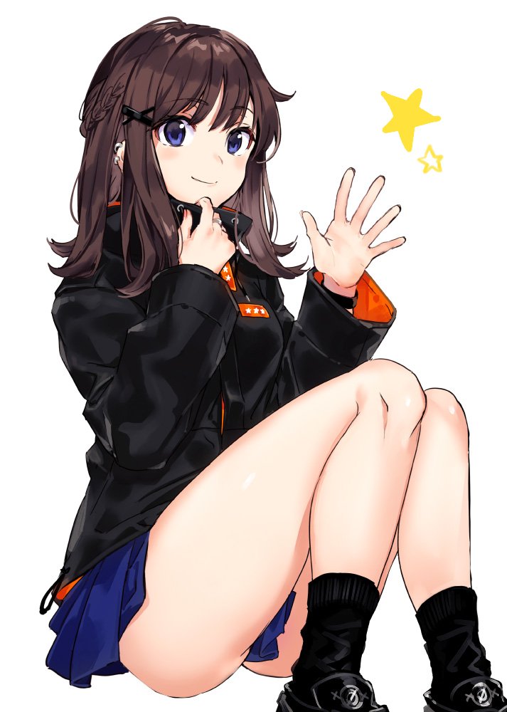 1girl, arisaka_ako, ass, black_footwear, black_jacket, black_legwear, blue_eyes, blue_skirt