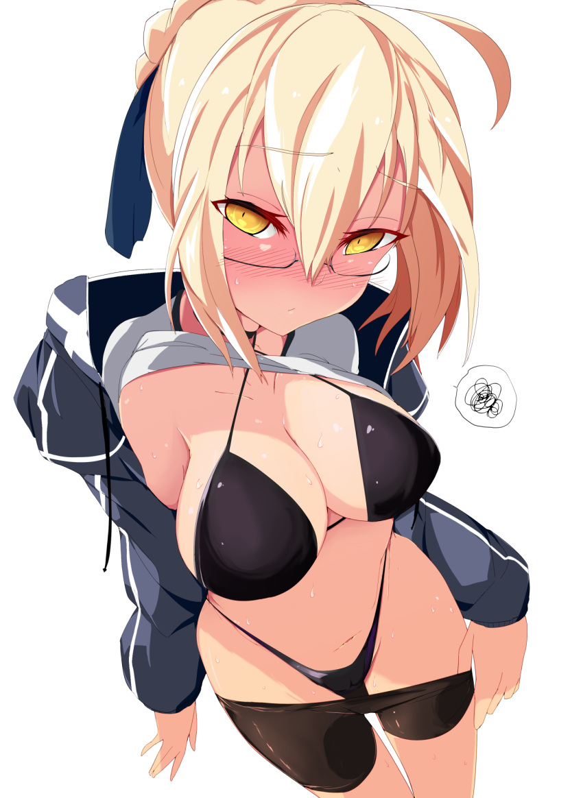 1girl, ahoge, artoria_pendragon_(all), bike_shorts, bikini, black-framed_eyewear, black_bikini, black_shorts