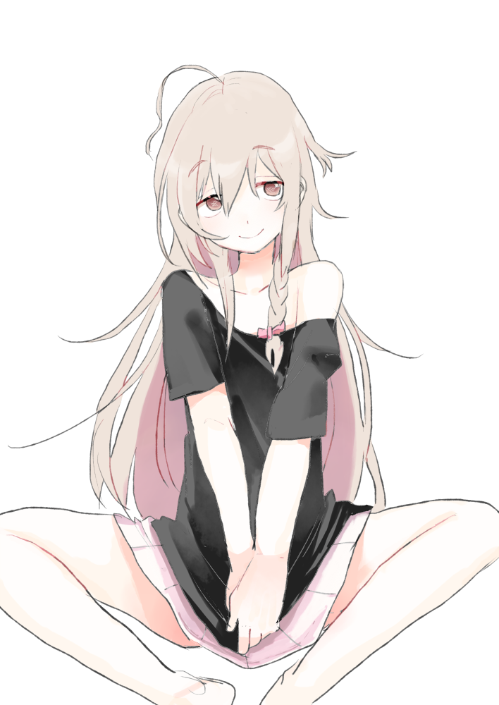 1girl, a_ichi, black_shirt, closed_mouth, grey_hair, hoshi_shouko, idolmaster, idolmaster_cinderella_girls, long_hair, looking_to_the_side, off-shoulder_shirt, off_shoulder, own_hands_together, pleated_skirt, shirt, short_sleeves, simple_background, sitting, skirt, smile, solo, v_arms, very_long_hair, white_background