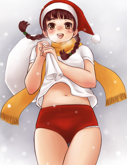 braid, breath, brown_eyes, brown_hair, buruma, christmas, gift, gym_uniform