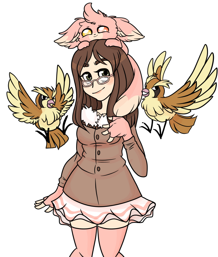 :3, bird, black_eyes, brown_hair, cinnamon_(sinamuna), cowboy_shot, fingerless_gloves, glasses, gloves, green_eyes, hazel_eyes, heterochromia, jacket, long_hair, minccino, pidgey, pink_eyes, pokemon, sinamuna_(character), skirt, smile, solo, squeegwee, thick_eyebrows, thigh-highs, yellow_eyes