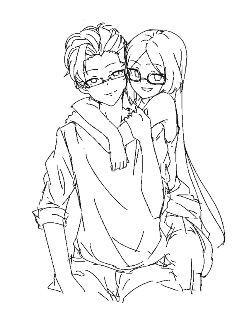 1boy, 1girl, couple, freckles, glasses, hug, hug_from_behind, lineart, long_hair, monochrome, neck_hug, short_hair, sinamuna_(character), sketch, smile, smirk, yuriiniko, zephyrus_(sovereignashes)
