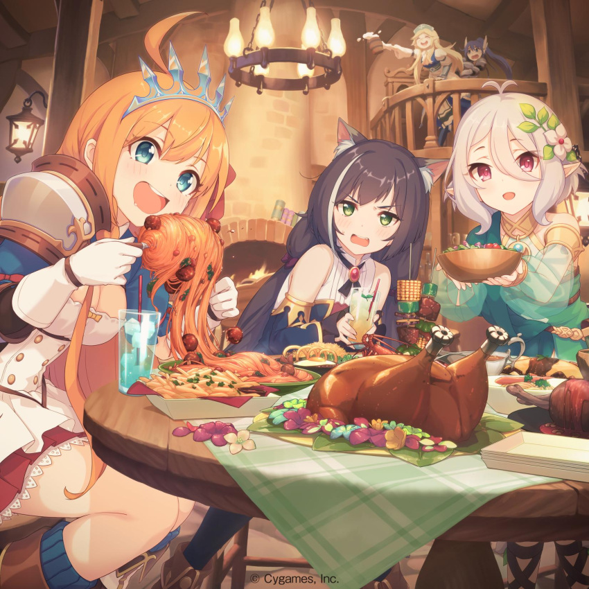 5girls, ahoge, animal_ears, antenna_hair, ayase_yukari, bare_shoulders, black_hair, blonde_hair