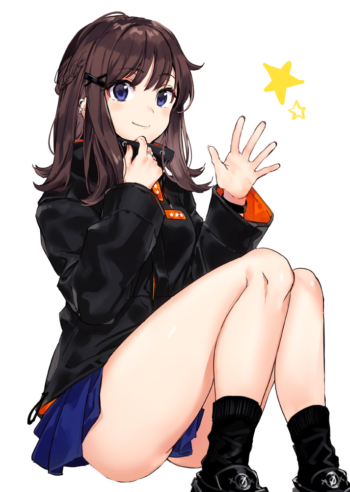 1girl, arisaka_ako, ass, black_footwear, black_jacket, black_legwear, blue_eyes, blue_skirt